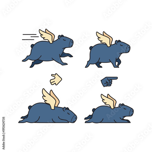Cartoon hippos with wings flying and falling down in a humorous illustration with copy space
