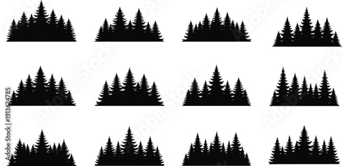 Black silhouette pine forest collection with evergreen tree clusters isolated on white background nature landscape vector illustration set