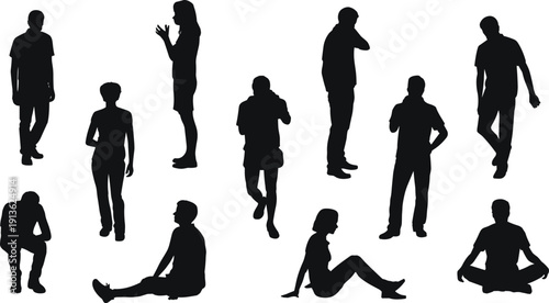 "Black silhouettes of eleven people in standing, sitting, and cross‑legged poses, anonymous human figures for design, posture, illustration concept"