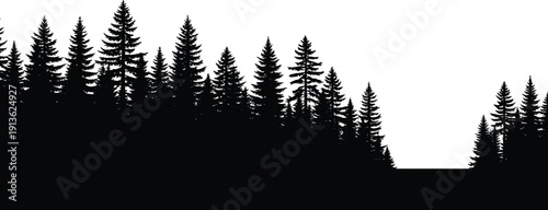Black silhouette pine forest landscape with dense evergreen trees isolated on white background panoramic woodland nature vector illustration