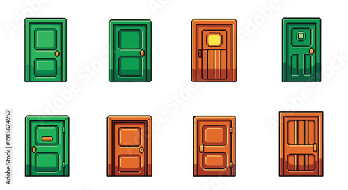 Eight vibrant, cartoon-style doors in green and brown hues, showcasing diverse panel designs, doorknobs, and accents on a clean white background.