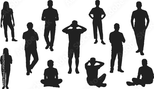 "Black silhouettes of eleven people in various poses, standing and sitting, anonymous human figures for design, posture, illustration concept"
