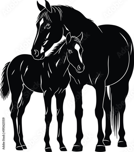 A heartwarming silhouette of a mare standing protectively next to or slightly in front of her foal. The pose should convey tenderness, bond, and maternal love. Solid black on white.