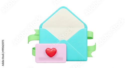 3D Rendered Open Envelope with Pink Card and Heart