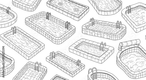 A whimsical seamless pattern of various swimming pools in a playful illustrative style