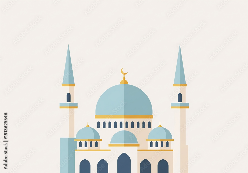 Fototapeta premium Minimalist Flat Style Mosque Illustration with Dome and Minarets in Soft Colors