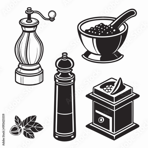 A collection of kitchen utensils for spice and herb preparation