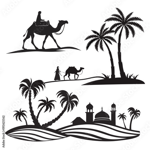 A black and white image of a desert scene