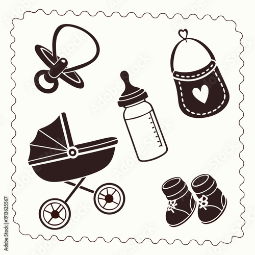 Baby essentials illustration with stroller and bottle