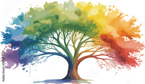 Watercolor rainbow tree with dual trunks, colorful foliage illustration, vibrant nature artwork, diversity concept, artistic surreal landscape, creative fantasy design
