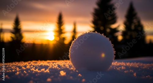 A serene winter scene with a snowball in the foreground and a sunset in the snowy background.