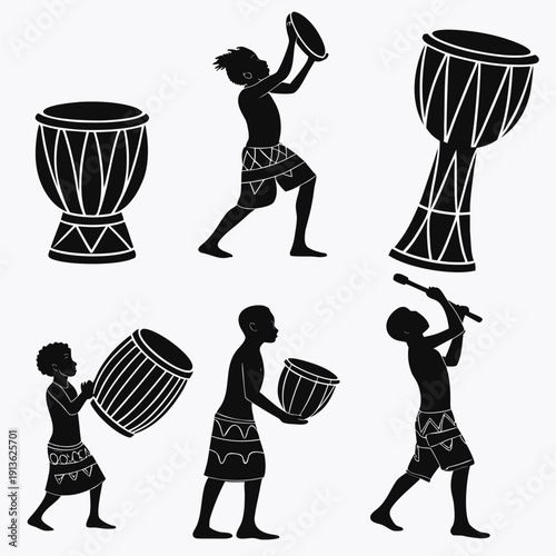 African drummers and musicians in traditional attire playing various drums