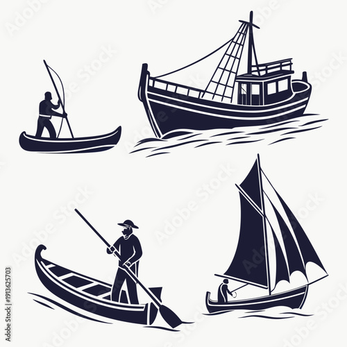 A set of four different boats on the water