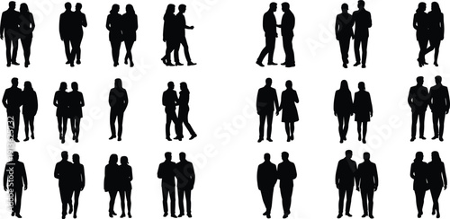"Black silhouettes of multiple pairs of people in diverse standing and walking poses, anonymous human figures for design, posture, illustration concept"