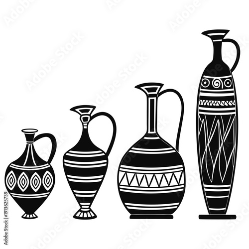 Four ancient greek vases with decorative patterns