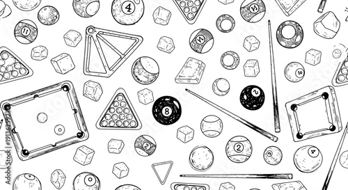 Seamless Pattern of Billiard Balls, Cues, and Racks in Hand-Drawn Sketch Style