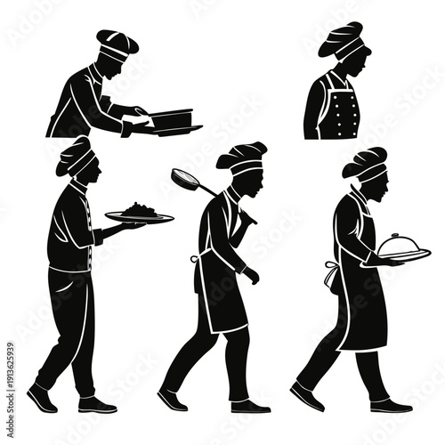 Silhouette of five people in different chef poses