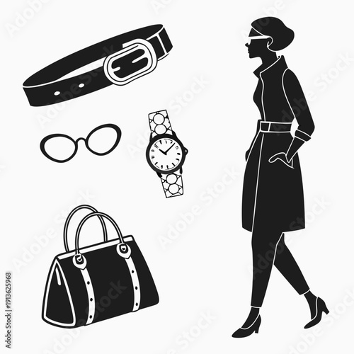 A woman with fashion accessories on a white background