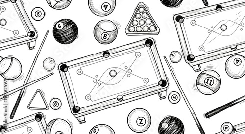 Seamless Pattern of Billiard Balls and Tables in Sketchy Hand-Drawn Style
