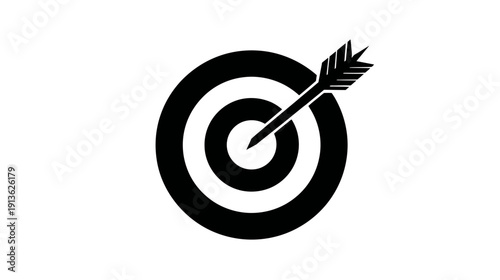 Black and white target with arrow hitting bullseye icon symbol for success, goal achievement, accuracy, and business strategy.
