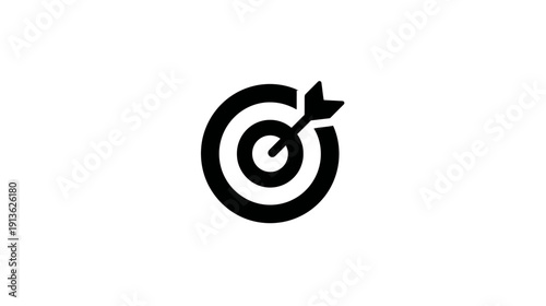 Black target icon with arrow hitting the bullseye, symbolizing goal achievement, success, accuracy, and strategic aim.