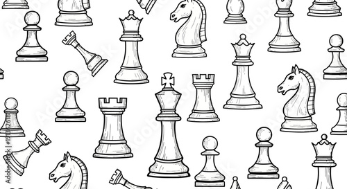 Seamless pattern of hand-drawn chess pieces on a white background, classic design