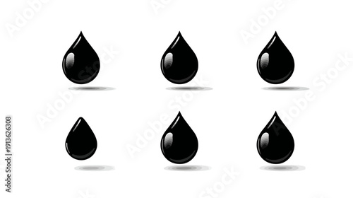 Set of glossy black oil drops. Liquid petroleum or crude fuel droplets with reflections and shadows, isolated on white.