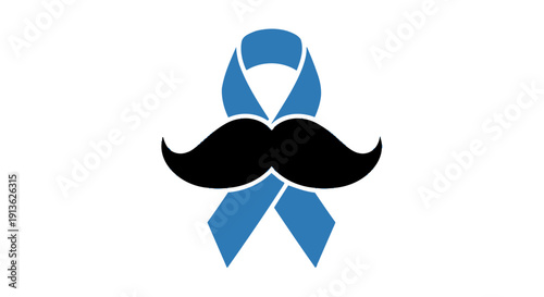 A blue awareness ribbon with a black mustache, symbolizing Movember and men's health awareness, against a white background.