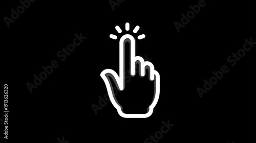 White glowing hand cursor icon on black background. Digital finger tap gesture, click symbol, touch screen concept for user interface.