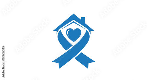 Blue awareness ribbon with a heart inside a house outline, symbolizing home care and support.