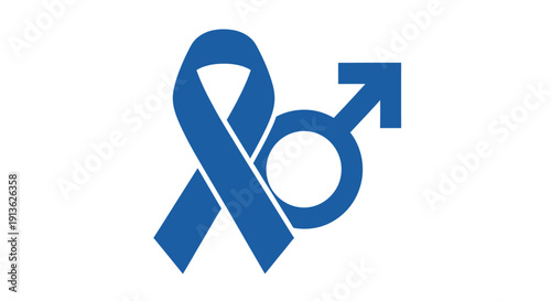 A blue awareness ribbon intertwined with a male gender symbol, representing men's health and prostate cancer awareness.