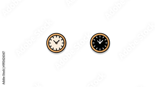 Minimalist vector clock icons showing light and dark modes, representing day and night, time management, schedule, and contrast.