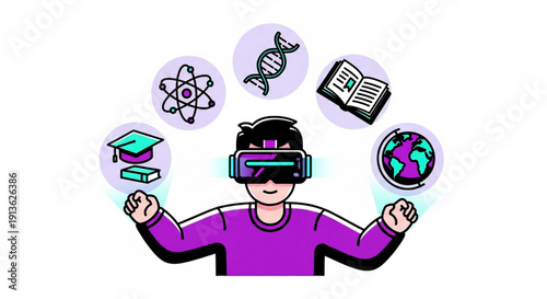 Student wearing VR goggles studying in metaverse, futuristic education vector.