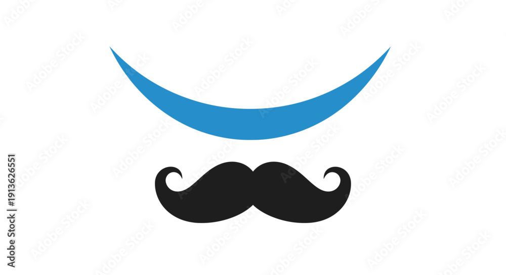 Obraz premium A graphic illustration featuring a blue curved line above a classic black mustache on a white background.