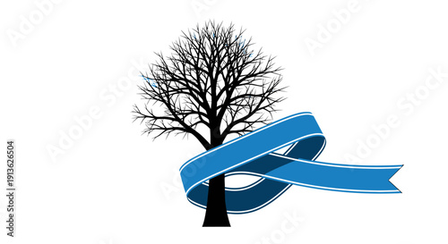 A stark, leafless tree with a prominent blue awareness ribbon wrapped around its trunk, set against a clean white background.