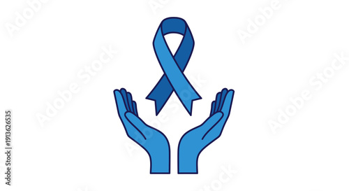 Illustration of two blue hands cradling a blue awareness ribbon, symbolizing support for health causes and solidarity.