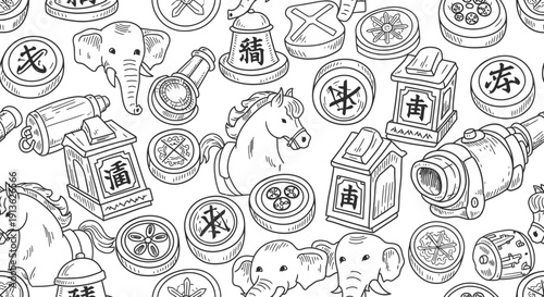 Hand-Drawn Chinese Chess Pieces with Horse, Elephant, Cannon, and Soldier Icons