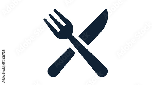 Crossed fork and knife icon, simple dining cutlery symbol, restaurant kitchen utensil graphic, eating flatware, meal preparation tool