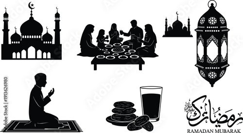 Ramadan Mubarak silhouettes, mosque, family iftar, Quran reading, prayer devotion, fasting dates, lantern, crescent moon, Islamic culture, worship, spirituality, vector
