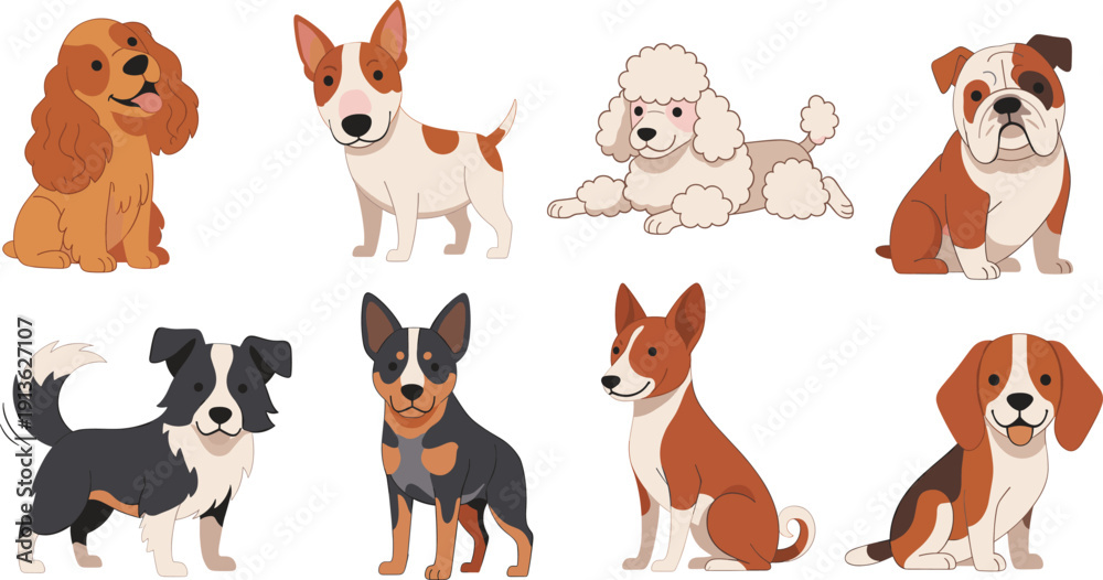 Fototapeta premium Cute Different Dog Breeds Cartoon Set with Sitting and Standing Poses for Pet Design, Domestic Canine Flat Vector Illustration Collection
