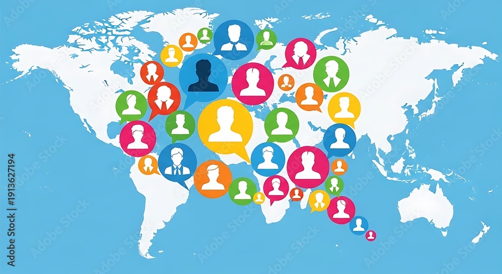 Naklejka premium Global Communication Network with People Avatars on World Map