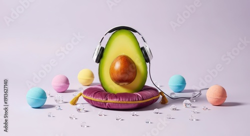 Avocado wearing headphones on fruit plate.