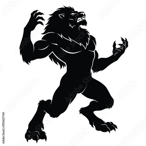 Striking silhouette of a muscular lion human hybrid creature roaring