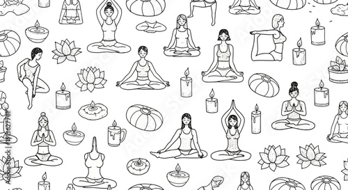 Seamless pattern with hand drawn yoga poses and lotus flowers