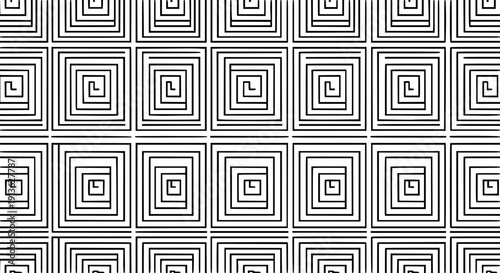 High-quality vector seamless pattern featuring monochrome geometric square spiral designs, ideal for backgrounds, textures, and modern minimalist projects.