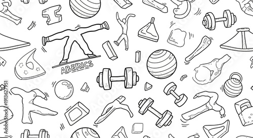 Doodle Fitness Equipment and Exercise Symbols on White Background for Health and Wellness