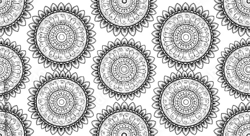 Elegant black and white seamless sunflower mandala pattern vector, intricate floral design ideal for backgrounds, textiles, wallpapers, and creative crafts.