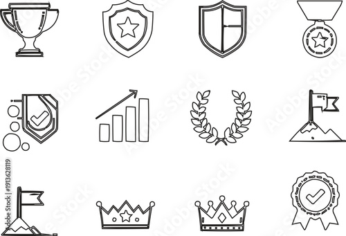 described features a collection of twelve line-art icons that symbolize achievements, success, and quality, arranged in a grid format