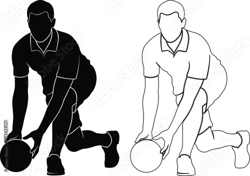 Two athletes demonstrating proper basketball ball handling techniques in a kneeling position.