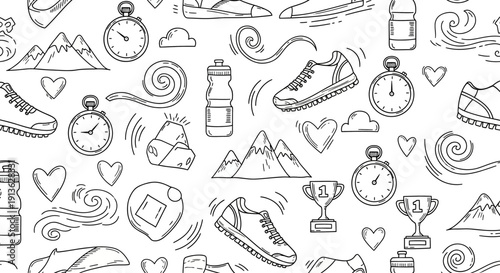 Seamless pattern with hand-drawn doodles of sports equipment and nature elements